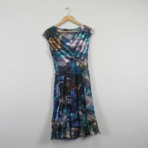 Komarov Knee Length Dress M Blue Watercolor Sleeveless Crinkled Whimsical 212